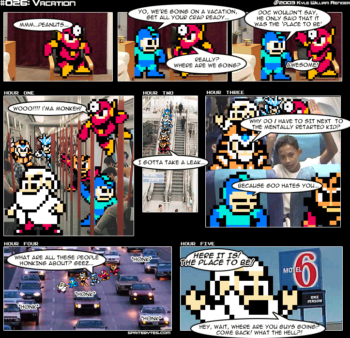 Sprite Bytes episode 26: Vacation. Doc takes everyone to "the place to be". After five hours by subway, plane and on foot along a highway, it's a Motel 6, and everyone walks off on him.